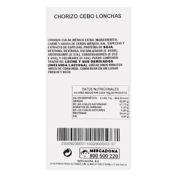 Chorizo de cebo ibérico cortado a máquina