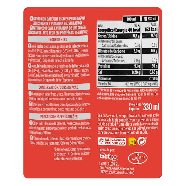 Batido lácteo sabor café +Proteínas Hacendado 30 g proteínas