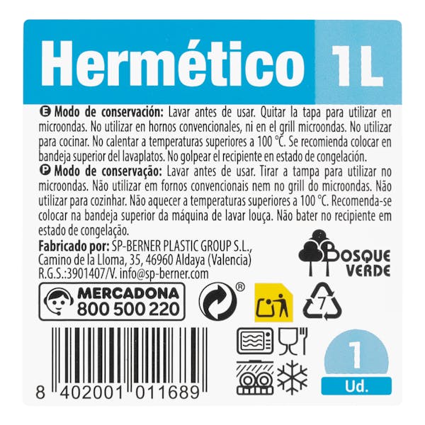 Recipiente hermético de plástico rectangular 1L Bosque Verde