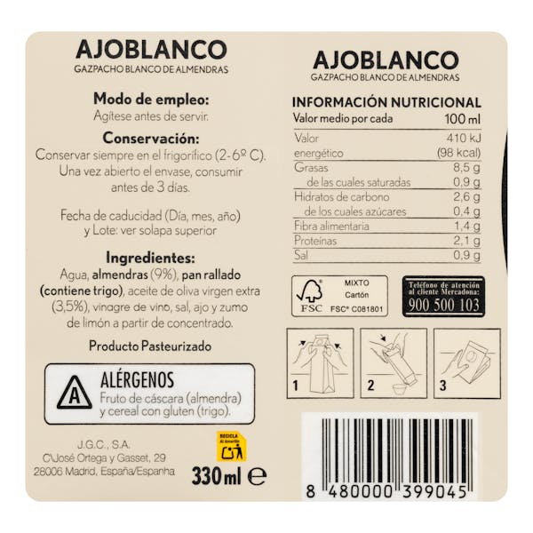 Gazpacho blanco de almendras Hacendado con ajo blanco