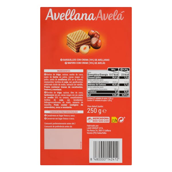 Barquillos con crema de avellanas Hacendado