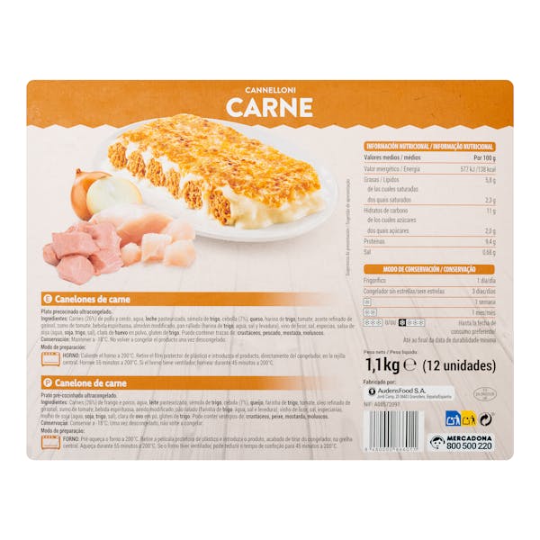 Canelones de carne Hacendado ultracongelados