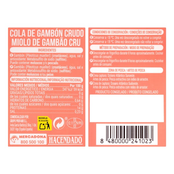 Colas de gambón crudo Hacendado congelado