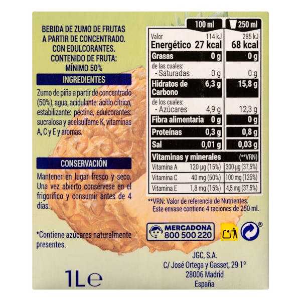 Bebida de piña Hacendado sin azúcares añadidos