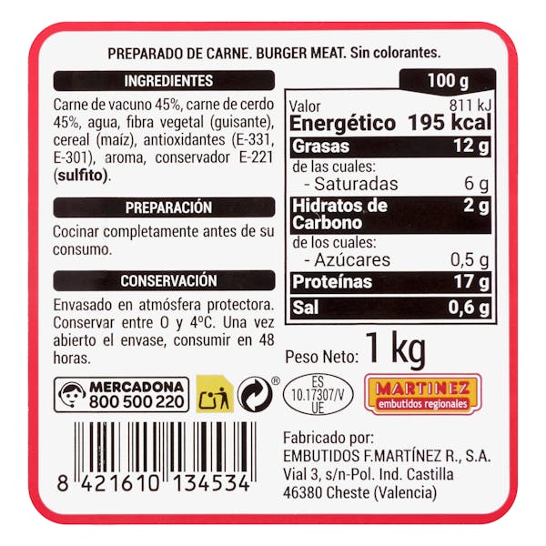 Preparado de carne picada vacuno y cerdo