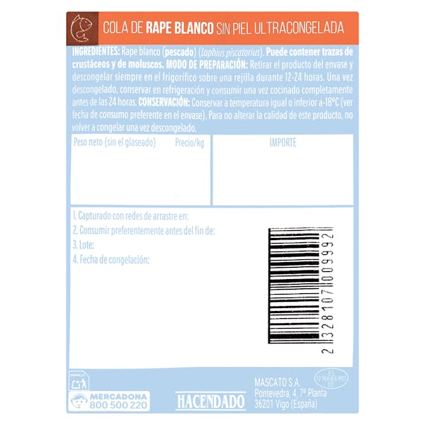 Cola de rape blanco sin piel Hacendado ultracongelada
