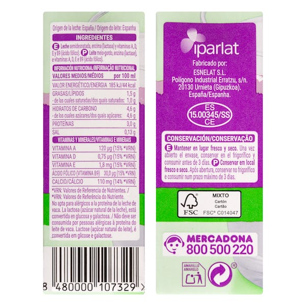 Leche semidesnatada sin lactosa Hacendado