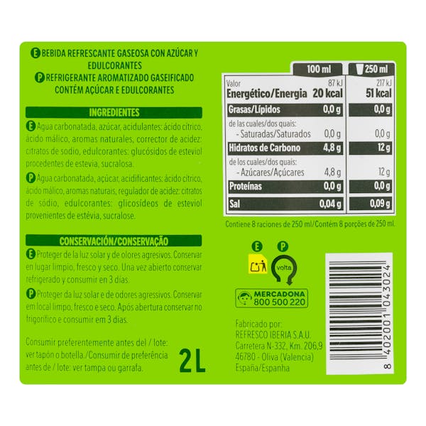 Refresco lima limón Hacendado fresh gas