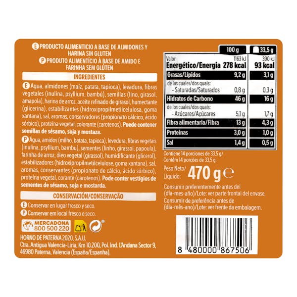 Pan de molde cereales sin gluten Hacendado