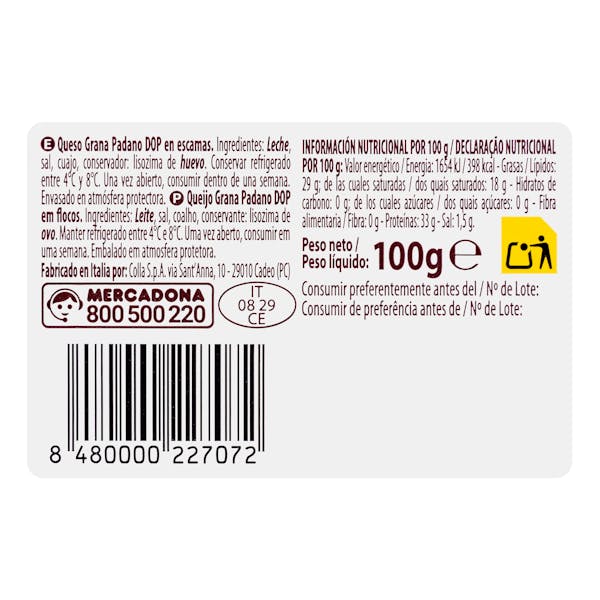 Queso grana padano Hacendado en escamas