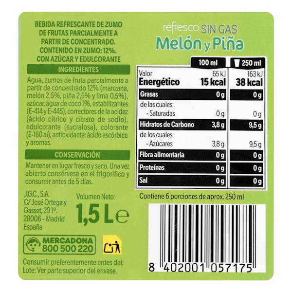 Refresco sin gas de melón y piña Hacendado