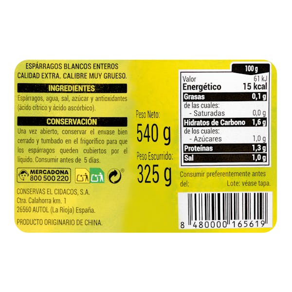 Espárragos blancos muy gruesos Hacendado enteros