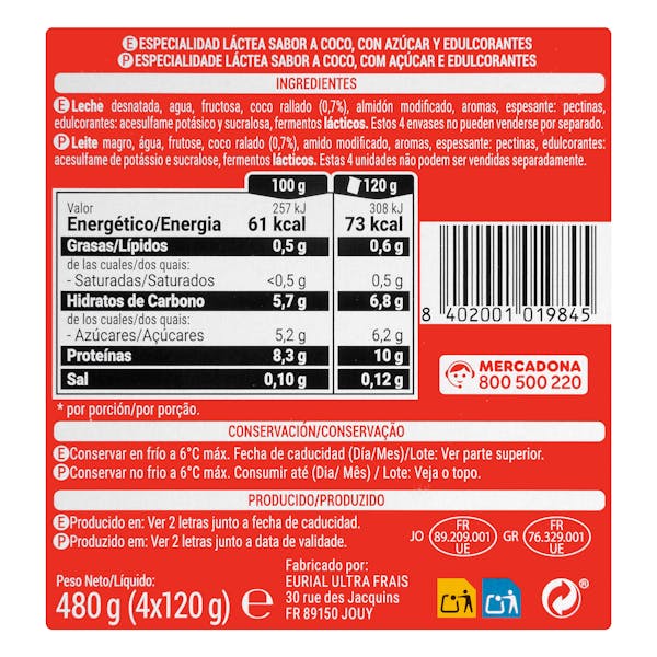 Postre lácteo sabor coco +Proteínas Hacendado 0% MG 10 g proteínas