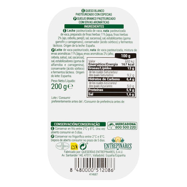Queso untar de vaca con finas hierbas Hacendado