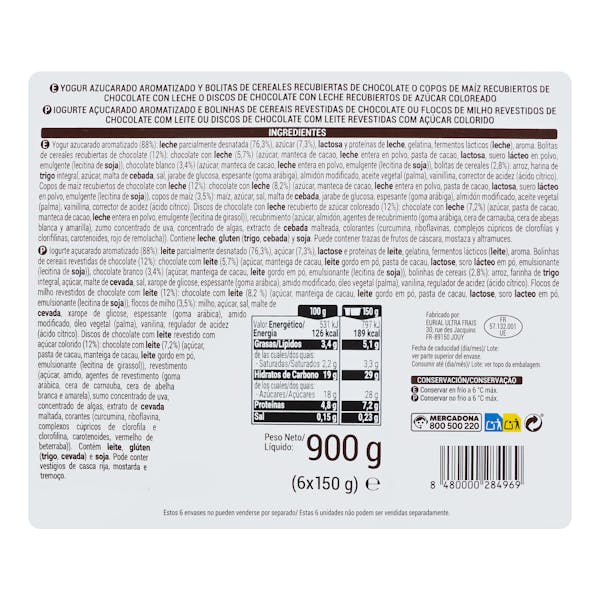Yogur azucarado YogoMix Hacendado variado de copos maíz, bolitas y disquitos chocolateados