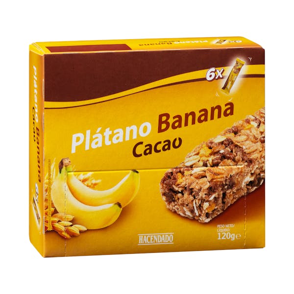 Barritas de cereales plátano y cacao Hacendado 0% azúcares añadidos
