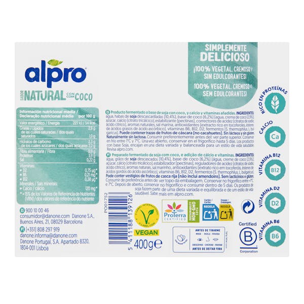 Postre de soja sabor natural con coco Alpro