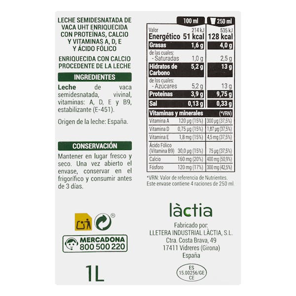 Leche semidesnatada calcio Hacendado