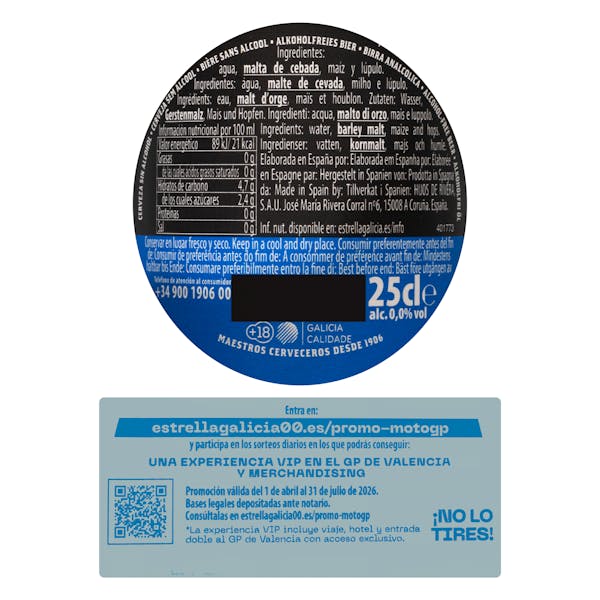 Cerveza 0,0% sin alcohol Estrella Galicia