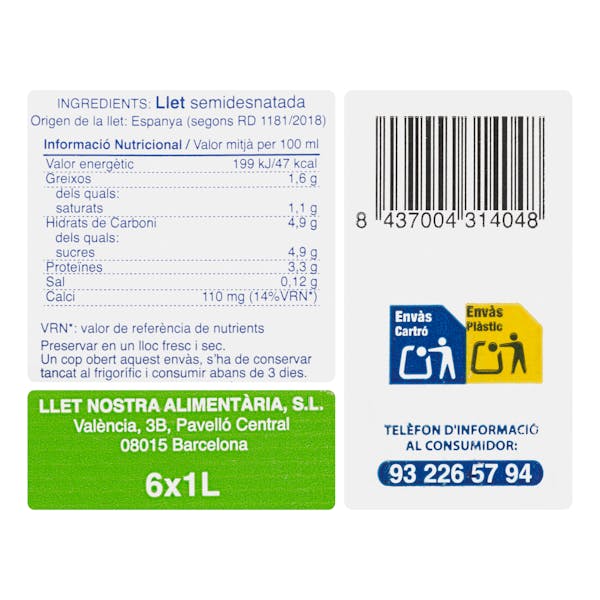 Leche semidesnatada Llet Nostra