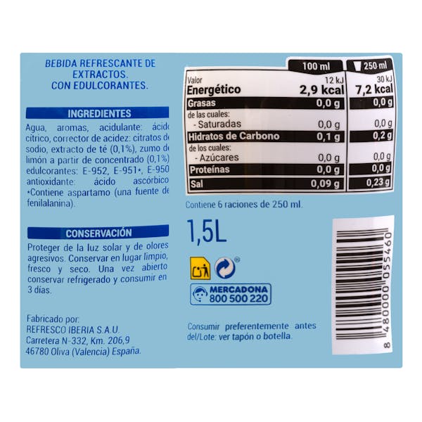 Refresco té zero sabor limón Hacendado