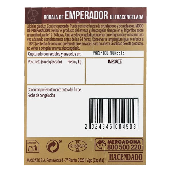 Rodaja de emperador Hacendado ultracongelado