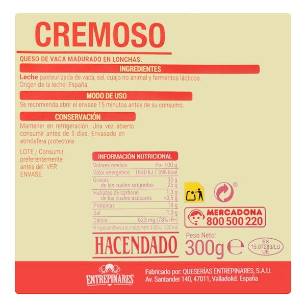 Queso lonchas cremoso de vaca Hacendado