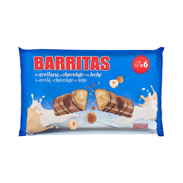 Barritas de barquillo Hacendado con relleno de avellana cubiertas de chocolate con leche