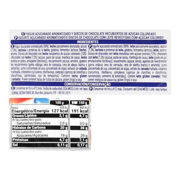 Yogur azucarado YogoMix Discos Hacendado con disquitos chocolateados