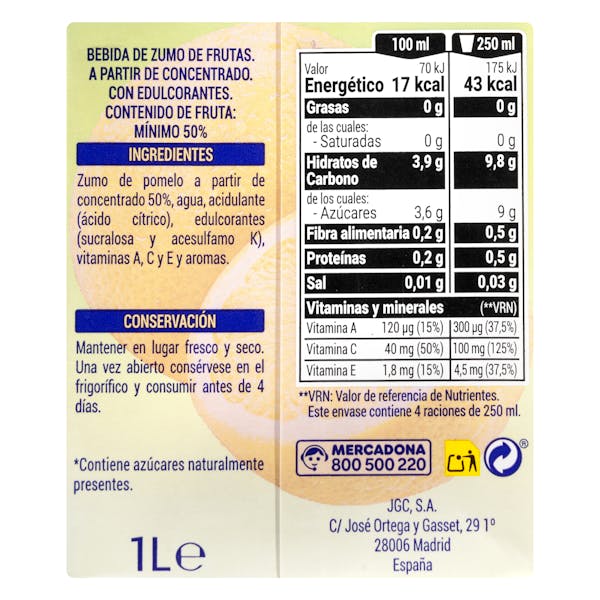 Bebida de pomelo Hacendado sin azúcares añadidos
