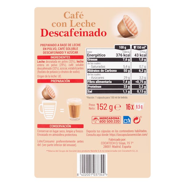 Café con leche en cápsula descafeinado Hacendado