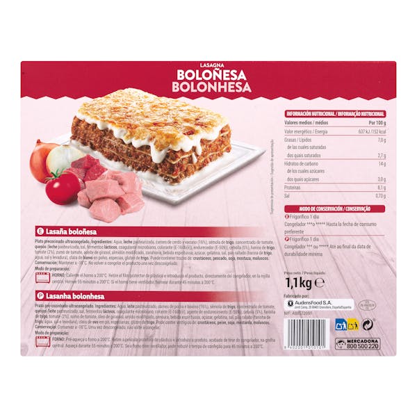 Lasaña boloñesa familiar Hacendado ultracongelada