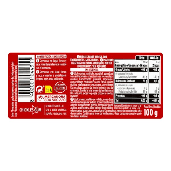 Chicles gragea fresa sin azúcar Hacendado