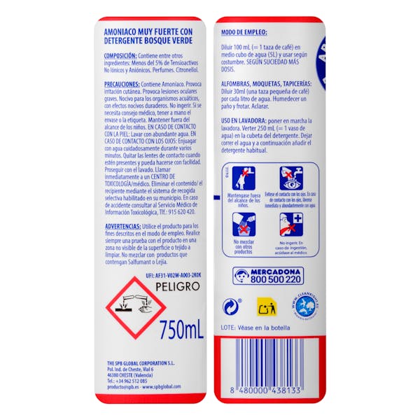 Amoníaco concentrado Bosque Verde con detergente