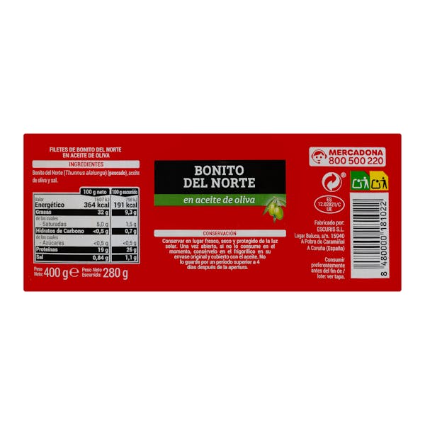 Filetes de bonito del norte en aceite de oliva Hacendado