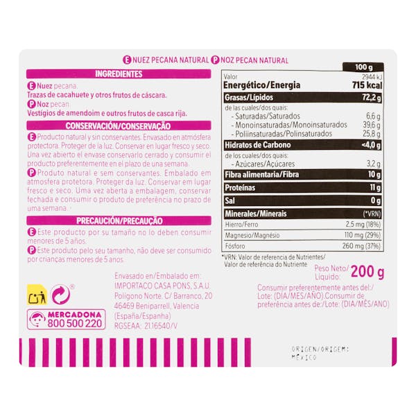 Nuez Pecana natural Hacendado pelada