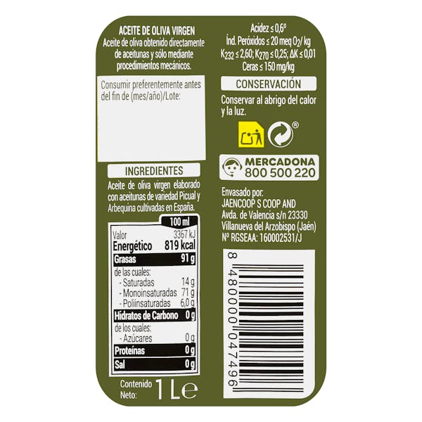 Aceite de oliva virgen Hacendado