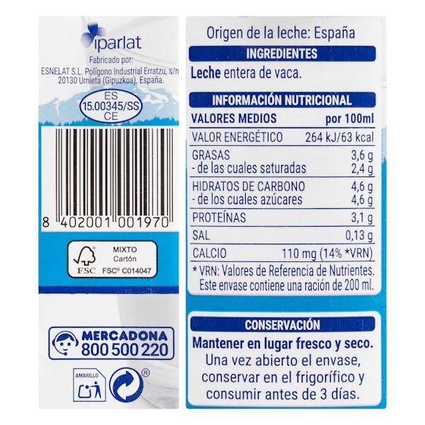 Leche entera Hacendado