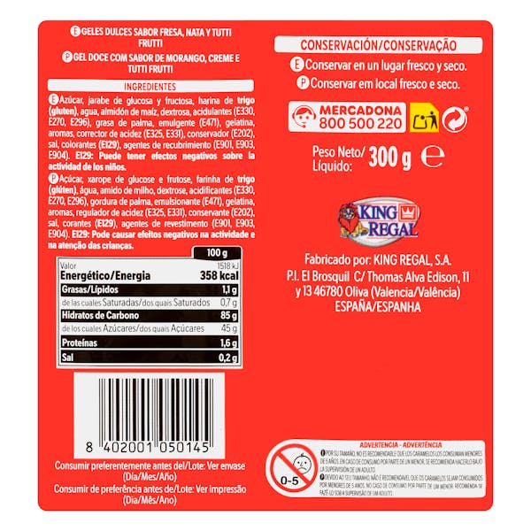 Golosinas Rega Red Mix Hacendado sabor fresa, nata y tutti frutti