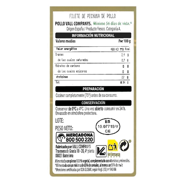 Filetes pechuga de pollo certificado alimentado con un 50% de maíz