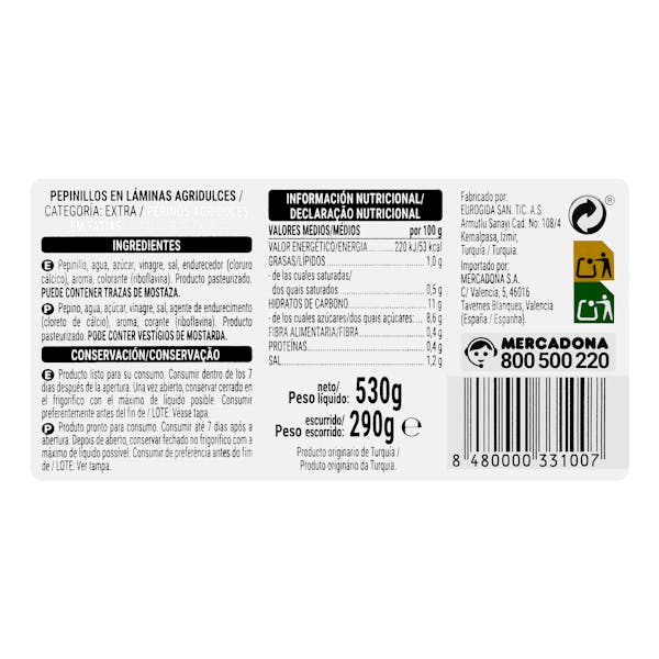 Pepinillos agridulces laminados Hacendado