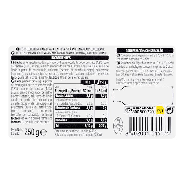 Bebida Kéfir de fresa y plátano Hacendado