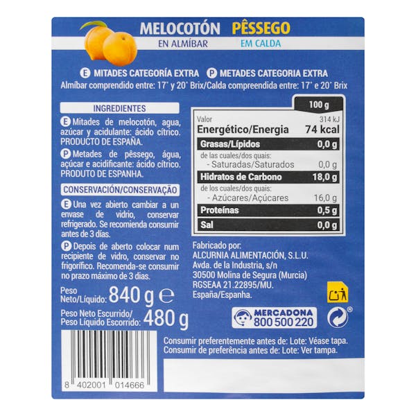 Melocotón en almíbar Hacendado