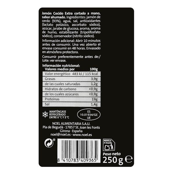 Jamón cocido extra cortado a mano Noel sabor ahumado