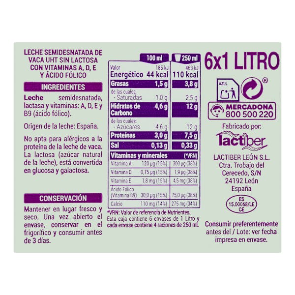 Leche semidesnatada sin lactosa Hacendado