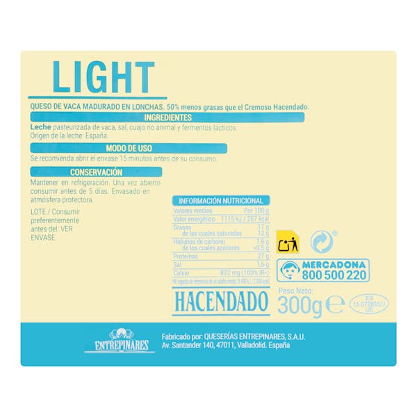 Queso lonchas cremoso light de vaca Hacendado