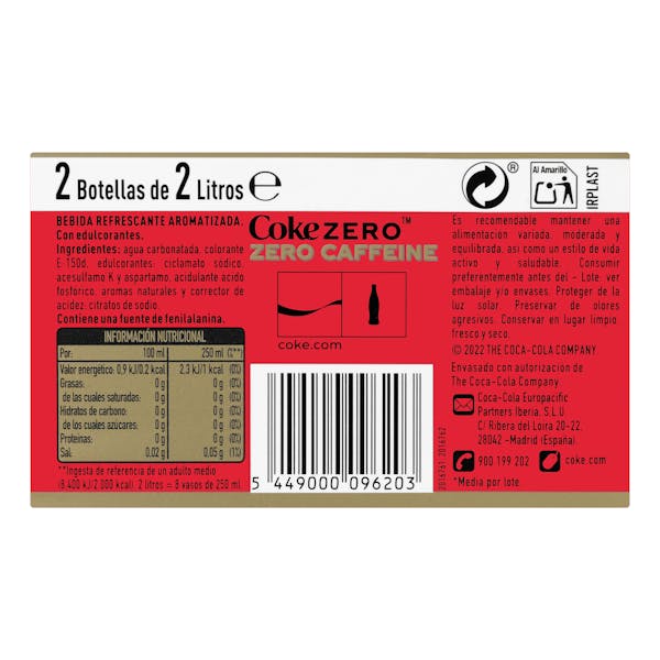 Refresco Coca-Cola zero azúcar zero cafeína