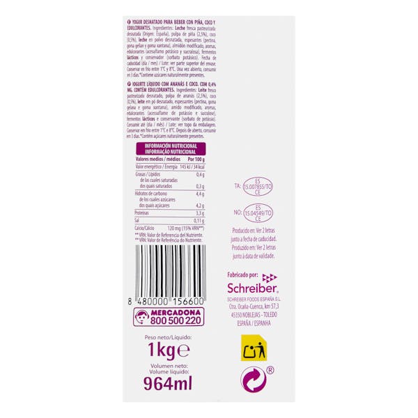 Yogur líquido piña y coco Hacendado 0% MG 0% azúcares añadidos