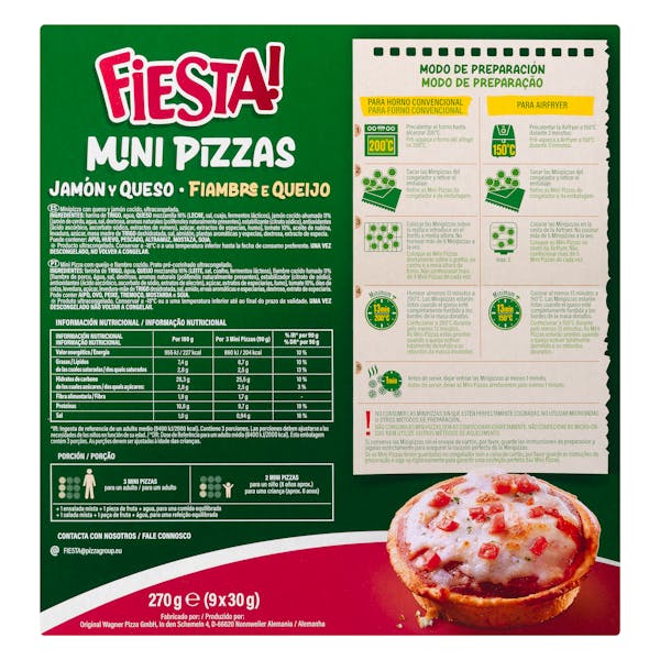 Mini pizzas jamón y queso Fiesta ultracongeladas