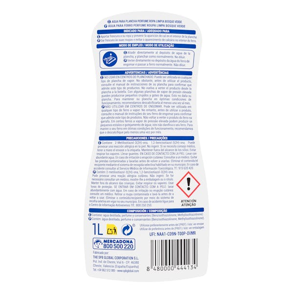 Agua para plancha Bosque Verde perfume ropa limpia